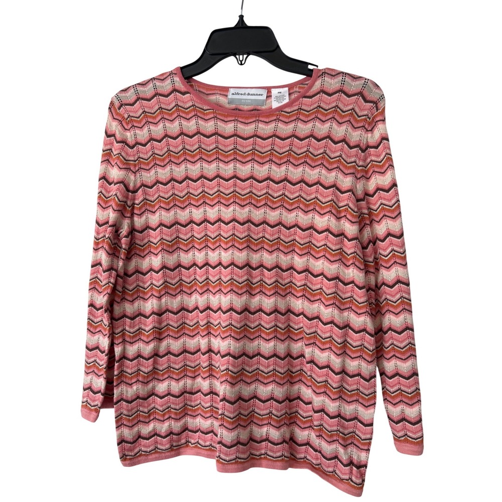 Alfred Dunner Petite Medium Pink Chevron Zigzag Pointelle‎ Knit 3/4 Sleeve Top